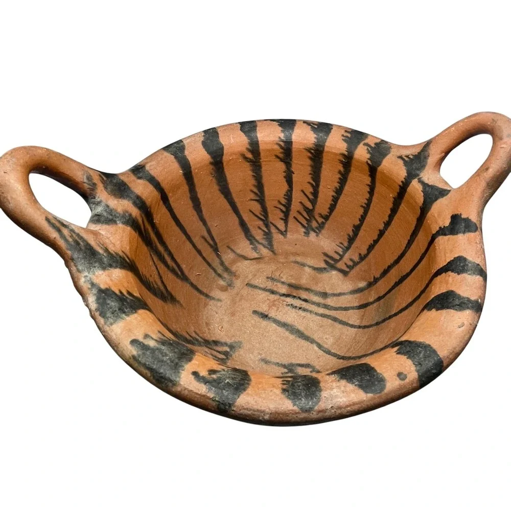 Puebla Ware Pottery Bowl‎ w/ Black Linear Design Vtg Handmade Pottery Terracotta